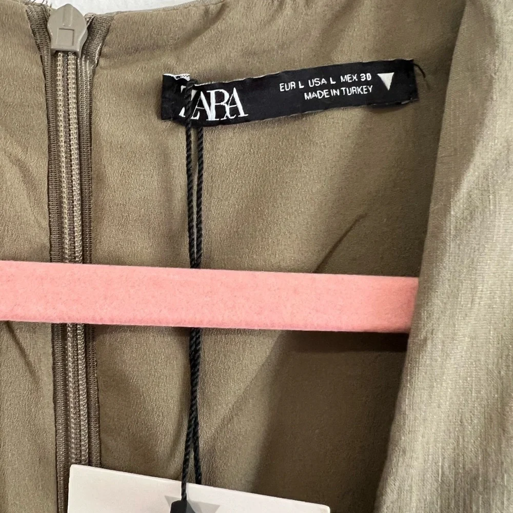 Zara * Stretchy Linen Blend Short Mini Dress Cut Out Green Olive L
